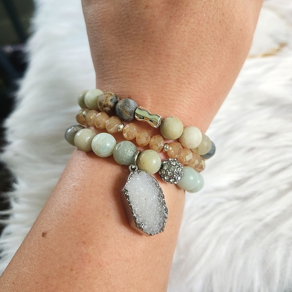 NWT Ryze Natural Stone Druzy & Amazonite Beaded Staxx Bracelets - Set of 3 - Picture 5 of 6